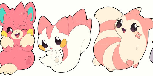 ambiguous_gender anthro blush cheek_spots dipstick_tail eyelashes feral fur grey_body grey_ears grey_fur grey_tail group inner_ear_fluff markings open_mouth open_smile paws pink_body pink_ears pink_fur red_inner_ear_fluff red_tail_tip simple_background smile tail tail_markings teeth tuft white_background white_body white_fur white_tail yellow_cheeks kiirono nintendo pokemon fennekin furret generation_2_pokemon generation_4_pokemon generation_6_pokemon generation_9_pokemon pachirisu pawmot pokemon_(species) shiny_pokemon hi_res