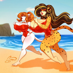 anthro barefoot beach big_breasts black_hair blonde_highlights breasts clothing duo feet female fur hair highlights_(coloring) huge_breasts one-piece_swimsuit red_hair sand swimwear tail white_body white_fur yellow_body yellow_fur ooo-belise-ooo baywatch anika_stelida mayuri_parda american_mink cheetah felid feline mammal mink mustelid musteline neovison true_musteline 1:1 watermark