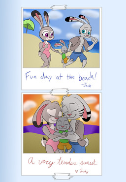anthro beach beach_umbrella black_markings blue_eyes bottomwear clothed clothing family female fur grey_body grey_fur group holding_child male markings multicolored_body multicolored_fur one-piece_swimsuit open_clothing open_shirt open_topwear parasol purple_eyes seaside shirt shorts sky sunset swimwear tank_top text topwear two_tone_body two_tone_fur darkajugin disney zootopia jack_savage joey_(darkshiner8) judy_hopps lagomorph leporid mammal rabbit absurd_res english_text hi_res
