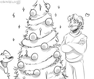 ambiguous_gender christmas_tree clothed clothing duo eyebrows facial_hair feral hair holidays human_focus male not_furry_focus plant simple_background tree zillabean christmas hannibal_(series) will_graham canid canine canis domestic_dog human mammal 6:5 digital_media_(artwork) monochrome