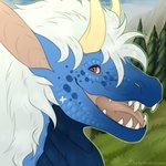 blue_body blue_scales female feral fur hair horn mane pink_tongue scales solo teeth tongue ventral_scales white_body white_fur white_hair white_mane kristinagoose_(artist) mythology jasz_(alvoraa) dragon mythological_creature mythological_scalie scalie 1:1 hi_res