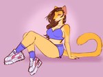 anthro brown_hair clothing crossed_legs female footwear hair looking_at_viewer purple_eyes shoes sneakers solo sportswear tongue tongue_out winged_eyeliner thisdingo brioche_(thisdingo) brushtail_marten gulonine mammal marten mustelid musteline 2022 4:3 hi_res