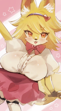2_tails 4_fingers accessory alternative_fashion amber_eyes anthro big_breasts black_nose blush bodily_fluids bow_ribbon breasts brown_body brown_fur clothing dipstick_ears dipstick_tail ear_markings eyebrow_through_hair eyebrows eyelashes female fingers frilly frilly_clothing frilly_legwear frilly_stockings front_view fur gem gloves_(marking) hair hair_accessory hairband heart_symbol inner_ear_fluff j-fashion legwear lolita_(fashion) magical_girl_outfit markings multi_tail multicolored_ears open_mouth pattern_background pink_clothing puffy_sleeves raised_arm simple_background snout solo star_(symbol) stockings sweat sweet_lolita tail tail_markings translucent translucent_hair tuft white_body white_clothing white_fur yellow_body yellow_fur ni_hao_nyannyan mahou_shoujo_full_heart kokon canid canine fox mammal hi_res portrait signature three-quarter_portrait