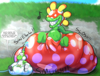 anthro big_diaper clothed clothing dialogue diaper diaper_only duo erection erection_in_diaper eyewear footwear glasses grass grin hose huge_diaper male motion_lines onomatopoeia plant polka_dot_diaper shoes sitting size_difference smile sound_effects text topless unclean_diaper used_diaper wall_(structure) water water_hose waterlogged_diaper wearing_diaper tepigfan101 mario_bros nintendo super_mario_sunshine fan_character petey_piranha elemental_creature flora_fauna piranha_plant yoshi absurd_res english_text hi_res