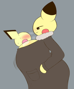age_difference anthro big_breasts black_eyes blush breast_play breasts clothing coat duo eyes_closed female from_side heart_symbol huge_breasts jacket larger_female long_sleeves male male/female open_mouth sex size_difference smaller_male smile standing titfuck topwear under_clothes winter_clothing yellow_body yellow_skin young k-10 nintendo pokemon generation_2_pokemon pichu pokemon_(species) hi_res
