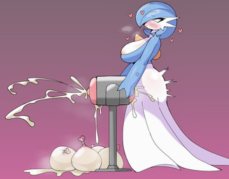 3_fingers blue_body blue_hair blush bodily_fluids breasts breath breeding_mount chest_spike clothing condom condom_balloon cum cum_splatter cum_string cumshot dress ejaculation eye_roll eyelashes filled_condom fingers genital_fluids genitals glance glans gynomorph gynomorph_humanoid gynomorph_penetrating hair heart_symbol humanoid_penetrating intersex intersex_humanoid intersex_penetrating looking_pleasured musk orange_glans peeking_nipple penetrable_sex_toy penetration penile penis penis_milking penis_milking_machine pseudo_clothing pseudo_hair purple_background sex_toy sexual_barrier_device side_view simple_background small_waist solo spikes spikes_(anatomy) steamy_breath tied_condom white_body white_breasts slurpswamp nintendo pokemon gardevoir generation_3_pokemon humanoid pokemon_(species) shiny_pokemon 2026 digital_drawing_(artwork) digital_media_(artwork) hi_res