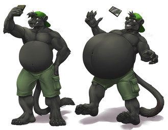 anthro belly belly_inflation big_belly black_body black_fur bottomwear cellphone clothing electronics fur hat headgear headwear huge_belly inflation male musclegut muscular phone selfie shorts smartphone solo surprised tail takesu felid mammal pantherine hi_res
