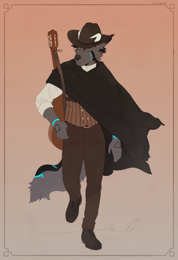 acoustic_guitar anthro black_body black_cloak black_clothing black_fur black_markings black_nose blue_markings boots bottomwear brown_boots brown_bottomwear brown_clothing brown_footwear brown_hat brown_headwear brown_pants brown_topwear brown_vest cheek_tuft cloak clothed clothing cowboy_hat eyes_closed facial_tuft footwear fur grey_body grey_fur guitar hat headgear headwear horn male markings musical_instrument pants plantigrade plucked_string_instrument shirt shoes simple_background solo string_instrument topwear tuft vest walking white_clothing white_shirt white_topwear volcanins canid canine canis mammal wolf digital_media_(artwork) full-length_portrait hi_res portrait