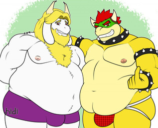 anthro beard belly big_belly blonde_hair bulge clothing duo facial_hair fur hair horn jockstrap male male/male mature_male musclegut muscular muscular_male obese obese_male overweight overweight_male red_eyes red_hair underwear white_body white_fur hidi mario_bros nintendo undertale undertale_(series) asgore_dreemurr bowser boss_monster_(undertale) bovid caprine goat koopa mammal monster reptile scalie turtle