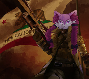 anthro armor braided_hair clothing femboy flag fur gun hair holding_gun holding_object holding_ranged_weapon holding_weapon inner_ear_fluff male military_uniform ncr_flag_(fallout) ncr_ranger_(fallout) new_california_republic pink_body pink_fur ranged_weapon simple_background solo tuft uniform weapon karafuru fallout microsoft nintendo pokemon rex_the_braixen_maid bear braixen canid canine generation_6_pokemon mammal pokemon_(species) hi_res