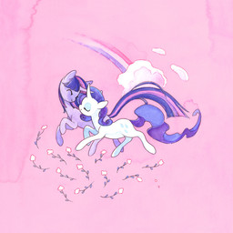 cloud duo female feral flower horn plant rainbow simple_background trotting fleebites friendship_is_magic hasbro my_little_pony mythology rarity_(mlp) twilight_sparkle_(mlp) equid equine mammal mythological_creature mythological_equine unicorn