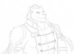 anthro big_muscles clothed clothing fur looking_at_viewer male muscular muscular_anthro muscular_male simple_background solo white_background ポチ_(artist) nekojishi studio_klondike lin_hu felid mammal pantherine tiger 2017 black_and_white half-length_portrait hi_res monochrome portrait sketch