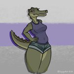 anthro bottomwear breasts clothed clothing eyelashes female green_body hands_on_hips looking_at_viewer navel_outline purple_clothing scales sharp_teeth shirt shorts simple_background solo tail tank_top teeth topwear yellow_eyes cayugo alligator alligatorid crocodilian reptile scalie 1:1 2023 absurd_res digital_media_(artwork) hi_res