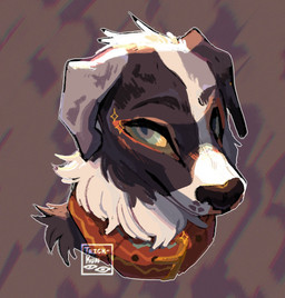 black_body black_ears black_fur black_nose blue_eyes collar feral fur grey_body grey_ears grey_fur looking_at_viewer orange_body orange_collar orange_fur solo white_body white_fur yellow_eyes nowheremotel milo_(nowheremotel) border_collie canid canine canis collie domestic_dog herding_dog mammal pastoral_dog sheepdog headshot_portrait hi_res portrait watermark