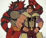 abs anthro black_body black_fur claws clothing duo facial_hair fingers flexing fur male muscular muscular_anthro muscular_human muscular_male red_body red_fur simple_background tan_body tan_skin teeth white_background ruslorc nintendo pokemon skullgirls beowulf_(skullgirls) generation_7_pokemon human incineroar mammal pokemon_(species) 2018 crossover hi_res signature