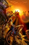 anthro bottomwear clothed clothing hair horn humanoid_pointy_ears loincloth loincloth_only male membrane_(anatomy) membranous_wings pointy_ears red_body smile solo sunrise tail topless white_hair wings ammotu disney gargoyles brooklyn_(gargoyles) gargoyle scalie