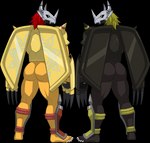 5_toes armor barefoot blonde_hair butt claw_(weapon) duo feet green_eyes grey_hair hair headgear helmet horn horned_helmet humanoid_feet looking_at_viewer looking_back looking_back_at_viewer male melee_weapon plantigrade rear_view red_hair simple_background toes transparent_background weapon wings yellow_eyes sparksstars bandai_namco digimon blackwargreymon digimon_(species) humanoid wargreymon absurd_res alpha_channel full-length_portrait hi_res portrait