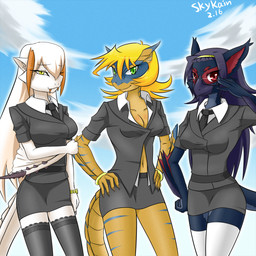 accessory anthro beak big_breasts black_body black_fur blonde_hair blue_body blue_scales blue_skin bottomwear breasts claws cleavage clock clothed clothing cloud eyewear fangs female fur furgonomics glasses green_eyes grey_body grey_fur group hair hand_on_hip headband jewelry legwear long_hair looking_at_viewer navel necktie non-mammal_breasts orange_body orange_scales orange_skin outside pupils purple_hair red_body red_fur scales skirt sky slit_pupils smile suit tail tail_through_skirt teeth text watch white_body white_hair white_scales white_skin wings yellow_eyes skykain capcom european_mythology monster_hunter mythology natasha_(skykain) tanya_(skykain) barioth dragon flying_wyvern mythological_creature mythological_scalie nargacuga pseudowyvern scalie tigrex western_dragon wyvern 1:1 2011 english_text hi_res