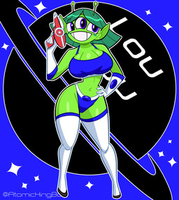 3_breasts 3_eyes antennae_(anatomy) bikini breasts clothing female gloves green_body green_hair green_skin hair handwear humanoid_pointy_ears legwear multi_breast multi_eye navel pointy_ears ranged_weapon raygun smile solo swimwear thigh_highs two-piece_swimsuit weapon atomickingboo alien alien_humanoid humanoid absurd_res hi_res