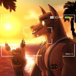 anthro barbell_piercing black_clothing black_topwear brown_body brown_fur brown_nipples clothed clothing devil_horns_(gesture) ear_piercing eyewear fangs fur gesture glasses glistening glistening_eyes green_eyes hand_gesture ineffective_clothing looking_at_viewer male muscular muscular_anthro muscular_male nipple_barbell nipple_piercing nipples outside palm_tree pecs piercing plant solo sun teeth topwear tree wearing_glasses acidwuff canid mammal 1:1 hi_res