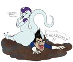 big_butt black_hair black_nails bloodshot_eyes blue_clothing butt caricature clothing colored_nails duo hair male nails open_mouth screaming sitting_on_another speech_bubble white_body white_skin ramul dragon_ball frieza vegeta alien frieza_race humanoid saiyan