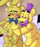 anthro balls blush bodily_fluids bow_(feature) bow_tie clothing cum cumshot duo ejaculation erection genital_fluids genitals hands-free hat headgear headwear humanoid_genitalia humanoid_penis machine male male/male orgasm penis simple_background spontaneous_ejaculation mukitsune five_nights_at_freddy's five_nights_at_freddy's_3 scottgames fredbear_(fnaf) spring_bonnie_(fnaf) animatronic bear lagomorph leporid mammal rabbit robot