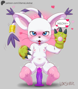 accessory anthro blue_eyes blush blush_lines bodily_fluids breasts clitoris clothing dildo female fur furgonomics genitals gloves gold_ring handwear heart_symbol jewelry legwear loli looking_at_viewer markings necklace nipples pink_clitoris pink_inner_ear pointy_ears prick_ears purple_dildo raised_hand ring sex_toy shaking smile smiling_at_viewer solo speech_bubble standing stockings striped_markings striped_tail stripes sweat tail tail_accessory tail_jewelry tail_markings tail_ring tail_tuft text thank_you tongue tongue_out tremble_lines trembling tuft whiskers white_body white_fur yellow_clothing yellow_gloves yellow_handwear young young_anthro young_female ultama_lokshar bandai_namco digimon patreon digimon_(species) domestic_cat felid feline felis gatomon mammal alternate_version_at_paywall artist_name better_version_at_paywall digital_media_(artwork) hi_res shaded simple_shading url