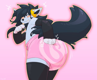 4_fingers ambiguous_gender anthro arm_warmers armwear black_arm_warmers black_armwear black_clothing black_inner_ear black_legwear black_nose black_pseudo_hair black_tail black_thigh_highs claws clean_diaper clothed clothing crown diaper finger_claws fingers fur grey_body grey_ears grey_fur hand_on_diaper headgear hypnosis hypnotizing_viewer legwear looking_at_viewer looking_back looking_back_at_viewer looking_down looking_down_at_viewer low-angle_view mind_control multicolored_body pink_background pseudo_hair rear_view ringed_eyes sharp_teeth simple_background smile solo standing tail teeth thigh_highs touching_diaper wearing_diaper yuniwolfsky nintendo pokemon yuukari kaisa generation_3_pokemon goo_creature mightyena pokemon_(species) absurd_res archived_source hi_res portrait source_request three-quarter_portrait