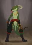 anthro bottomwear clothed clothing crotchless_bottomwear crotchless_clothing crotchless_pants female flat_chested genitals green_body green_scales horn jewelry necklace orange_eyes pants pussy scales simple_background solo tail tongue tongue_out topless flamespitter kobold scalie