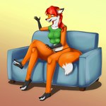 3_legs 4_breasts anthro arms_bent bent_legs breasts crossed_legs dialogue female furniture hair hand_on_leg hand_on_own_leg hand_on_own_thigh hand_on_thigh holding_leg holding_thigh leg_over_thigh legs_over_edge multi_breast multi_leg multi_limb multifur multifurry muzzle_feet open_mouth over_edge red_hair sitting sofa solo heileejoe canid canine fox mammal 1:1 2021 hi_res