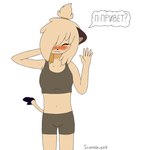 5_fingers :3 accessory anthro blush blush_lines brown_ears clothed clothing dialogue eyes_closed female fingers fur gesture hair hair_accessory hair_over_eye hair_tie hand_behind_head midriff simple_background smile solo speech_bubble tail tan_body tan_fur text waving waving_at_viewer white_background scorpion_kirill yue_(eipril) mammal mustelid musteline stoat true_musteline weasel 1:1 artist_name hi_res russian_description russian_text translation_request