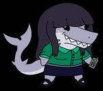 anthro cellphone chibi clothing electronics female green_clothing grey_body hair long_hair phone solo garavakarian daniela_sanchez fish marine shark alpha_channel trans_(lore) trans_woman_(lore)