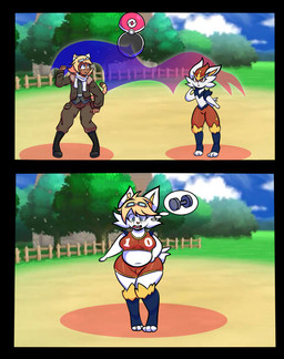 anthro blonde_hair bottomwear breast_growth breasts bulge clothing day digitigrade duo eyewear eyewear_on_head female fence ftg_transformation fti_transformation fur fusion gender_transformation goggles goggles_on_head green_eyes growth gynomorph hair humanoid_to_anthro intersex looking_down male merging mtg_transformation mti_transformation open_mouth outside plant pokeball screencap screencap_background shorts species_transformation standing surprised tail thought_bubble transformation tree weight_gain white_body white_fur wood wood_fence zipher0null nintendo pokemon animal_humanoid cinderace felid felid_humanoid generation_8_pokemon humanoid mammal mammal_humanoid pokemon_(species) 2025 absurd_res comic digital_media_(artwork) hi_res