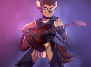 alternative_fashion anthro balls belt big_penis bottomwear bottomwear_down chaps circumcised circumcision_scar clothed clothing electric_guitar erection genital_scar genitals guitar huge_penis male musical_instrument pants pants_down partially_clothed penis plucked_string_instrument punk rock_out_with_your_cock_out scar shirt solo string_instrument topwear blackbear tyler_(blackbear) hyena mammal spotted_hyena