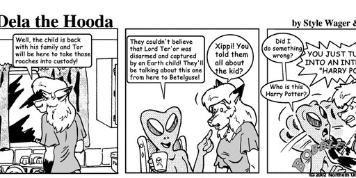 ambiguous_gender angry anthro breasts chair clothed clothed_female clothing coffee_cup container cup dialogue duo ears_back female fur furniture hair nude_ambiguous pivoted_ears text style_wager dela_the_hooda dela_aldershaw tor_and_xippi alien canid canine fox hooda humanoid mammal 2002 comic english_text greyscale monochrome