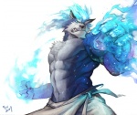 abs anthro blue_eyes bottomwear chest_tuft claws clothed clothing fur loincloth looking_at_viewer magic male muscular muscular_anthro muscular_male mystical simple_background solo topless tuft white_background nick300 canid canine canis mammal wolf 2009