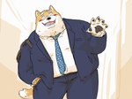 2024 4:3 5_fingers anthro black_nose blush bottomwear canid canine canis clothing domestic_dog eyes_closed fingers hi_res kemono male mammal necktie open_mouth overweight overweight_male pants pommn_mn shirt smile solo topwear