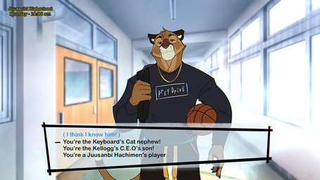 anthro ball basketball_(ball) black_bottomwear black_clothing black_pants bottomwear brown_body brown_fur clothed clothing front_view fur glistening glistening_eyes head_tuft inside looking_at_viewer male mouth_closed narrowed_eyes orange_eyes pants solo standing text text_box tuft unsigned window ninetht felid mammal english_text portrait three-quarter_portrait