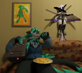 4_ears alcohol ambiguous_anthro ambiguous_gender anthro beer beverage biped black_body black_countershading black_sclera blue_eyes blue_hair bottle bound breasts chips_(food) claws cleavage clothed clothing container controller countershading digitigrade drinking drinking_alcohol duct_tape electronics eyewear feathered_wings feathers food forced_perspective foreshortening furniture glasses hair holding_beer holding_bottle holding_container holding_controller holding_object holding_remote_control horn horn_jewelry horn_ring jewelry looking_at_another low_poly meme_pose multi_ear nude nude_ambiguous nude_anthro on_sofa open_mouth paws picture_frame potato_chips purple_body purple_eyes purple_feathers remote_control reverse_countershading ring_(jewelry) shitpost sitting sitting_on_sofa sofa tail tape taped_to_wall wearing_glasses white_body white_feathers white_wings winged_arms wings beanthusiast bold_and_brash cerveza_cristal asher_sterling eiko_(enn) avali wickerbeast 2026 3d_(artwork) absurd_res blender_(artwork) digital_media_(artwork) english_description hi_res meme watermark female_(lore) nonbinary_(lore)