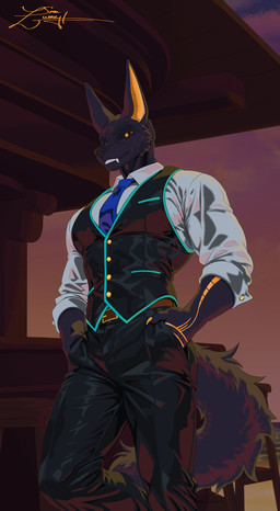 anthro bar beach black_body black_fur clothing costume fur looking_at_viewer male solo sunset tail yellow_body yellow_eyes yellow_fur pyxou egyptian_mythology middle_eastern_mythology mythology anubis esmui anubian_jackal canid canine canis deity hybrid jackal mammal wolf absurd_res hi_res