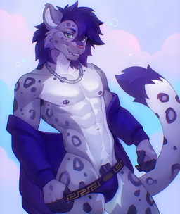 anthro chain_necklace clothed clothing fur green_eyes grey_body grey_fur jewelry male markings multicolored_body necklace partially_clothed solo spots spotted_body spotted_fur tail taking_off_hoodie underwear underwear_down white_chest neudplus felid mammal pantherine snow_leopard hi_res