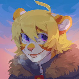 anthro blonde_hair blue_sky clothed clothing detailed_background front_view fur grey_clothing grey_topwear hair looking_aside male open_mouth orange_body orange_fur outside pink_nose pink_tongue purple_eyes short_hair sky solo tongue topwear unsigned white_body white_fur yellow_body yellow_fur corzh77 felid mammal 1:1 absurd_res bust_portrait detailed hi_res icon portrait