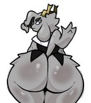 anthro antlers big_butt big_ears blue_eyes bottomless butt butt_focus clothed clothing cowl female fur grey_body grey_fur horn solo tail unimpressed lewdewott pseudoregalia sybil_(pseudoregalia) bovid caprine felid feline goat lagomorph leporid mammal rabbit hi_res