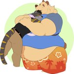 anthro arms_around_partner belly belt big_belly bottomwear clothing duo eyes_closed hug lifting_partner male male/male overweight overweight_anthro overweight_male pants scarf shirt shorts size_difference smaller_male smile tail tank_top topwear bearwithabroom brum torkuma_tigburr bear mammal absurd_res hi_res