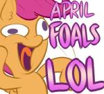 april_fools'_day equid equine feathered_wings feathers female friendship_is_magic fur hair hasbro holidays humor lamiaaaa low_res mammal my_little_pony mythological_creature mythological_equine mythology open_mouth orange_body orange_feathers orange_fur pegasus pink_hair purple_eyes scootaloo_(mlp) solo text tongue wings young young_female