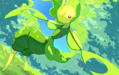 ambiguous_gender antennae_(anatomy) anthro biped day grass green_body leaf leaf_arms mouth_closed outside plant pose red_eyes sky solo thread yellow_body sakuraiisui nintendo pokemon arthropod generation_5_pokemon leavanny pokemon_(species) 2026 hi_res signature