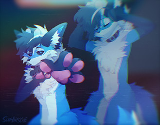 anthro big_ears black_eyes black_sleeves blue_body blue_eyes blue_fur cheek_tuft chest_tuft claws collar electronics eyes_closed eyewear facial_tuft fluffy fluffy_ears fluffy_tail fur gesture glasses hand_gesture hand_on_head headphones looking_at_viewer male multicolored_body multicolored_fur neutral_expression pawpads pink_pawpads pointing pointing_at_viewer red_collar retro round_glasses solo synthwave tail tan_body tan_fur thick_thighs tuft slyhirsche tyler.py canid canine fox mammal hi_res
