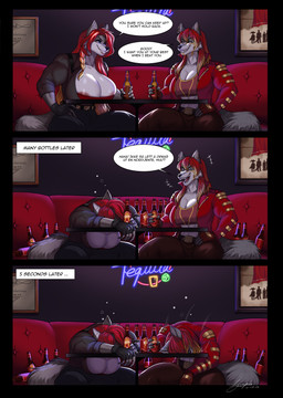 5_fingers abs alcohol anthro areola areola_slip bar beer beer_bottle beverage big_breasts bilingual black_nose bottle bottomwear breasts bubble cleavage clothed clothed_anthro clothed_female clothing container dialogue drinking_game drunk drunk_bubble duo ear_piercing ear_ring fainting fangs female fingerless_gloves fingers fur gloves grey_body grey_fur grin hair handwear humanoid_hands muscular muscular_anthro muscular_female night piercing red_hair ring_piercing sitting smile speech_bubble substance_intoxication taunting teeth text unconscious zcorpionwulf luka_cross valkairis_sarikblod canid canine canis mammal wolf comic english_text hi_res norwegian_text story story_in_description