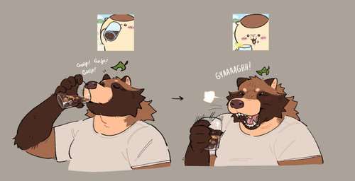 anthro beverage brown_body brown_fur drinking eyes_closed fangs fur grey_background leaf leaf_on_head male open_mouth open_smile simple_background slightly_chubby slightly_chubby_anthro slightly_chubby_male smile soda solo tan_body tan_fur teeth roseonapot kurimanju_(chiikawa) toast_(roseonapot) canid canine mammal raccoon_dog tanuki hi_res