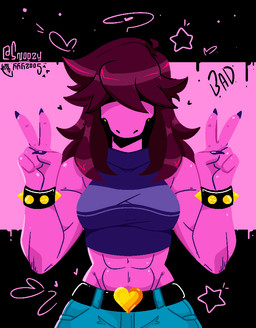 abs anthro bottomwear bracelet breasts clothed clothing denim denim_bottomwear denim_clothing female front_view hair hair_over_eyes heart_symbol jeans jewelry medium_breasts muscular muscular_anthro muscular_female non-mammal_breasts pants pink_body pink_scales purple_hair scales solo spiked_bracelet spikes star_symbol text wide_hips snoozysoozyy deltarune mythology undertale_(series) susie_(deltarune) dragon mythological_creature mythological_scalie reptile scalie